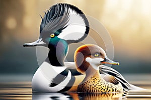 Hooded Merganser Couple Colorful Multi-colored Plumage Swimming Marsh Waterfowl Springtime Morning Sunrise AI Generated