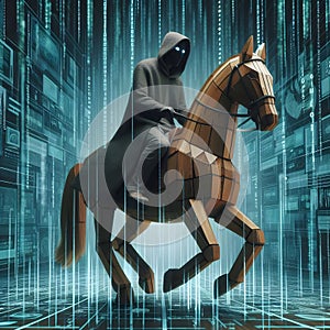 Hooded scammer riding Trojan horse in digital matrix technology space