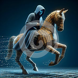 Hooded scammer riding Trojan horse in digital matrix technology space