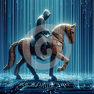 Hooded scammer riding Trojan horse in digital matrix technology space