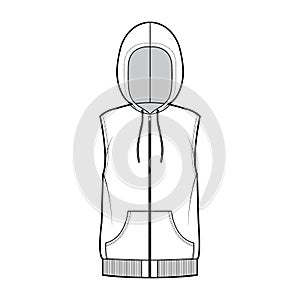 Hooded vest puffer waistcoat technical fashion illustration with sleeveless, kangaroo pouch, zip-up closure, oversized