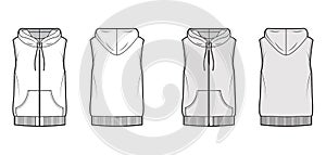 Hooded vest puffer waistcoat technical fashion illustration with sleeveless, kangaroo pouch, zip-up closure, oversized