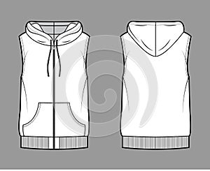 Hooded vest puffer waistcoat technical fashion illustration with sleeveless, kangaroo pouch, zip-up closure, oversized