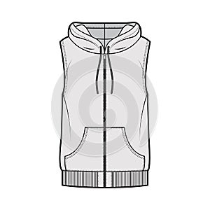 Hooded vest puffer waistcoat technical fashion illustration with sleeveless, kangaroo pouch, zip-up closure, oversized