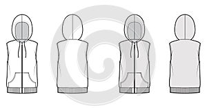 Hooded vest puffer waistcoat technical fashion illustration with sleeveless, kangaroo pouch, zip-up closure, oversized