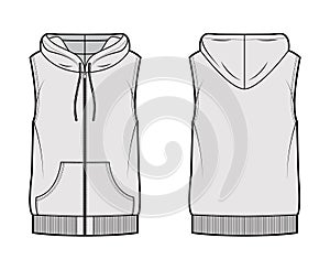 Hooded vest puffer waistcoat technical fashion illustration with sleeveless, kangaroo pouch, zip-up closure, oversized