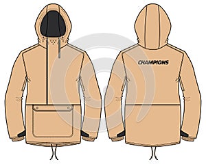 Hoodie board jacket design flat sketch Illustration, Hooded anorak ski jacket with front and back view, hooded winter jacket for