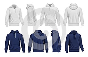 Hoodie collection. Black and white sport casual clothes for men decent vector realistic mockup