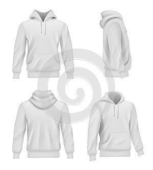 Hoodie realistic. Fashion sport clothes for man sweater casual white shirt decent vector pictures set