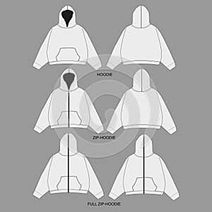 Hoodie sweatshirt flat technical drawing illustration mock-up template. Full Zip Up Hoodie Unisex Sweatshirt. Women Hoodie Vector