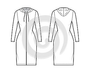 Hoodie zip-up dress technical fashion illustration with long sleeves, knee, mini length, fitted body, Pencil fullness.
