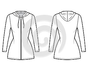 Hoodie zip-up dress technical fashion illustration with long sleeves, mini length, fitted body, Pencil fullness. Flat