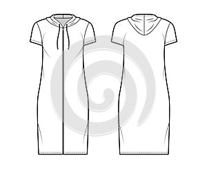 Hoodie zip-up dress technical fashion illustration with short sleeves, knee length, oversized body, Pencil fullness.