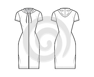Hoodie zip-up dress technical fashion illustration with short sleeves, knee, mini length, fitted body, Pencil fullness.