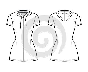 Hoodie zip-up dress technical fashion illustration with short sleeves, mini length, fitted body, Pencil fullness. Flat