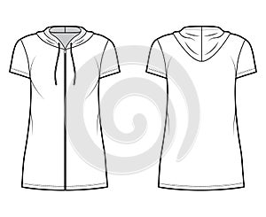 Hoodie zip-up dress technical fashion illustration with short sleeves, mini length, oversized body, Pencil fullness.