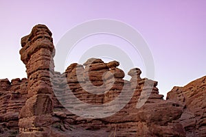 Hoodoo desert rock formations in San Lorenzo Canyon landscape at sunset. The canyon is outside of Socorro, New Mexico, USA