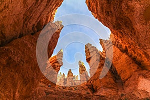 Between hoodoos on Fairyland Trail in Bryce Canyon, Utah