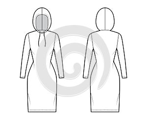 Hoody dress technical fashion illustration with long sleeves, knee length, fitted body, Pencil fullness. Flat apparel