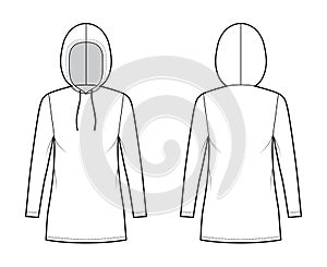 Hoody dress technical fashion illustration with long sleeves, mini length, oversized body, Pencil fullness. Flat sweater