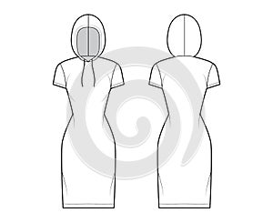 Hoody dress technical fashion illustration with short sleeves, knee length, fitted body, Pencil fullness. Flat apparel