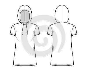 Hoody dress technical fashion illustration with short sleeves, mini length, oversized body, Pencil fullness sweater top