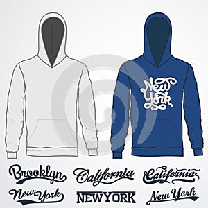 Hoody fashion, sweatshirt template. Realistic outerwear clothes mockup front view.