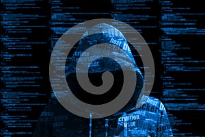 Hoody hacker blue cybersecurity computer code information security concept