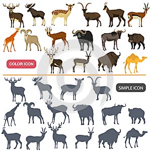 Hoofed animals color flat and simple icons set