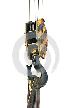 The hook of the cargo crane is black, yellow with slings. Isolated on white background