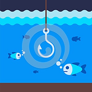 the hook catches fish under water. sea fishing with a hook.