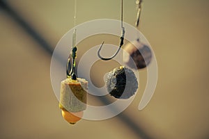 Hook, fishing baits, closeup, floating baits for fish