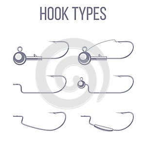 Hook and sinker types with offset hooks for catching predatory fish with soft plastic bait and spinning rod.