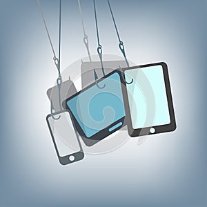 Hook with tablet, mobile and smartphone, for chasing Pursue technology concept, illustration in flat design