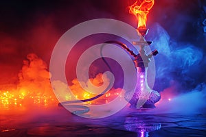 hookah shisha in smoke on bright background with colored neon light