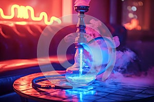 hookah in shisha smoke on table in lounge cafe bar with neon light close-up on multicolored background