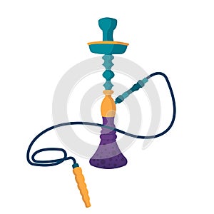 Hookah vector illustration. Cartoon blue hookah calabash with long pipe and purple glass bowl for water to smoke