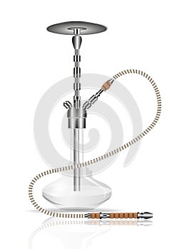 Hookah vector, realistic illustration. White glass oriental smoking attribute detailed with a mirror reflection isolated on white
