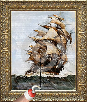 Hooked pirate hand tearing a painting apart, painting of a ship sailing during storm at sea