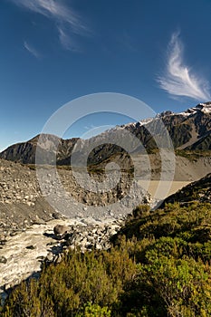 The Hooker river flowing through the Hooker valley track past Mueller lake in the Aoraki in Mt Cook National Park