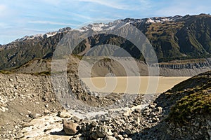 The Hooker river flowing through the Hooker valley track past Mueller lake in the Aoraki in Mt Cook National Park