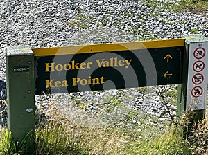 Hooker valley and Kea Point sign found at Mount Cook , Aoraki, Mount Cook, New Zealand, NZ