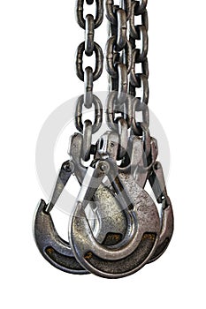 Hooks on chains for lifting a load isolated on a white background. Lifting mechanism iron chain with a hook of an overhead crane