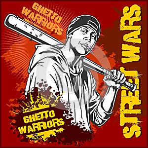 Hooligan with baseball bat. Ghetto Warriors. Gangster on dirty graffiti background.
