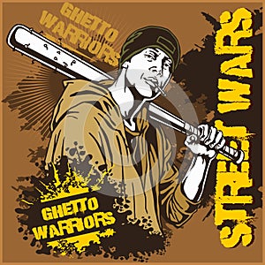 Hooligan with baseball bat. Ghetto Warriors. Gangster on dirty graffiti background.