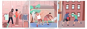 Hooliganism flat compositions set with pocket thief and fighting hooligans isolated vector photo