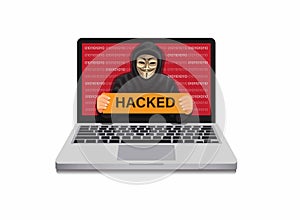 Hooodie man holding hacked sign on laptop monitor. hacker in security system computer symbol concept cartoon illustration vector