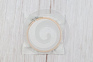 Hoop for cross stitch with stretched canvas,mockup for the designer