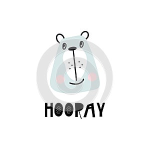 Hooray - Cute hand drawn nursery poster with cartoon bear animal character and lettering in scandinavian style.