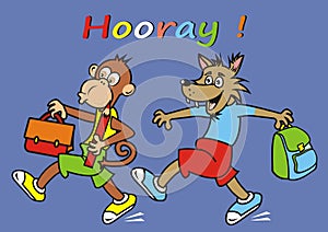 Hooray, monkey and wolf, humorous vector illustration